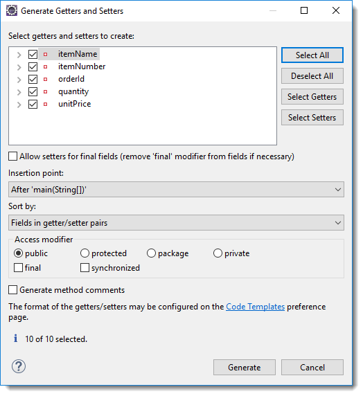 Selecting attributes for get and set