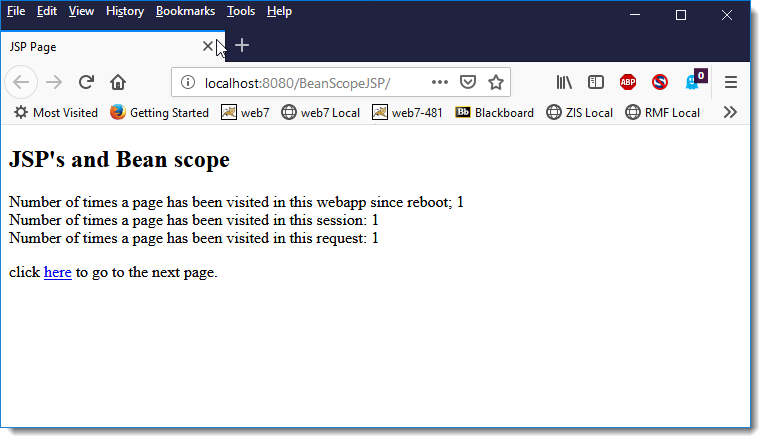 BeanScope JSP page, first visit